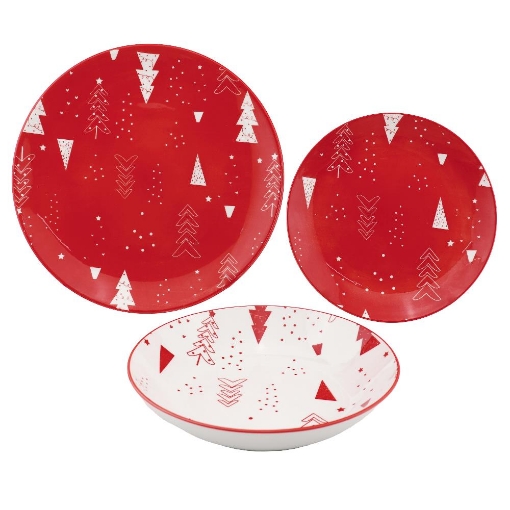MAURY'S SERVIZIO PIATTI ''ALBERI DI NATALE'' IN CERAMICA SET DA 18PZ BIANCO E ROSSO -6 PIANI, 6 FONDI, 6 FRUTTA OKX