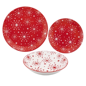 MAURY'S SERVIZIO PIATTI ''FIOCCHI DI NEVE'' IN CERAMICA SET DA 18PZ BIANCO E ROSSO -6 PIANI, 6 FONDI, 6 FRUTTA OKX