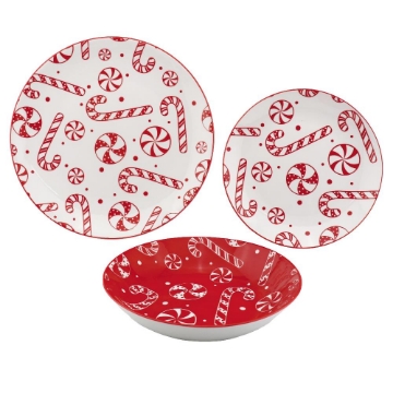 MAURY'S SERVIZIO PIATTI DI NATALE IN CERAMICA SET DA 18PZ BIANCO E ROSSO -6 PIANI, 6 FONDI, 6 FRUTTA OKX