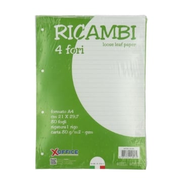 XOFFICE RICAMBI BLOCCO FORMATO A4 CON 4 FORI RIGATURA 1 RIGO 80 FOGLI