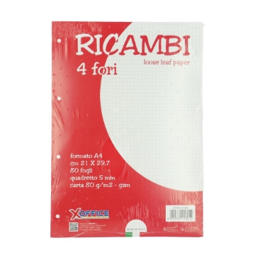 XOFFICE RICAMBI BLOCCO FORMATO A4 CON 4 FORI QUADRETTO 5 MM 80 FOGLI
