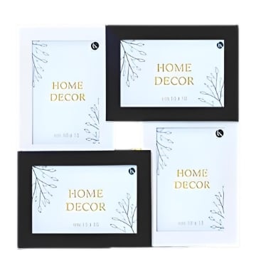 CORNICE MULTIPLA A PARETE IN LEGNO 4 FOTO - COLORE BIANCO E NERO DIMENSIONE TOTALE 28X3X28 CM SINGOLA 10X15 CM - 15X10 CM