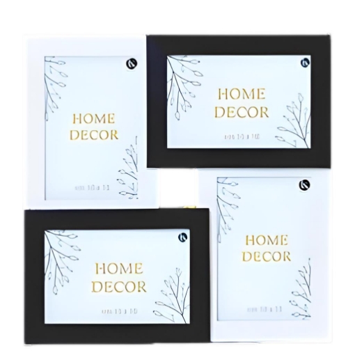 CORNICE MULTIPLA A PARETE IN LEGNO 4 FOTO - COLORE BIANCO E NERO DIMENSIONE TOTALE 28X3X28 CM SINGOLA 10X15 CM - 15X10 CM