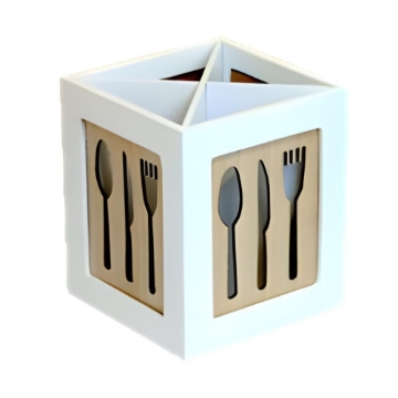 PORTA POSATE QUADRATO IN LEGNO BIANCO E ROVERE CON 4 SCOMPARTI E DECORO FORATO DIMENSIONI 12X12X14 CM