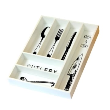 PORTA POSATE RETTANGOLARE IN LEGNO BIANCO DECORATO CON 6 DIVISORI DIMENSIONI 30X5X40 CM