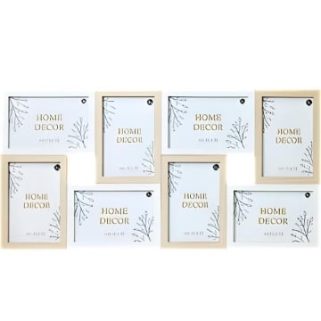 CORNICE MULTIPLA A PARETE IN LEGNO 8 FOTO - COLORE BIANCO E BEIGE DIMENSIONE TOTALE 50X2X28 CM SINGOLA 10X15 CM - 15X10 CM