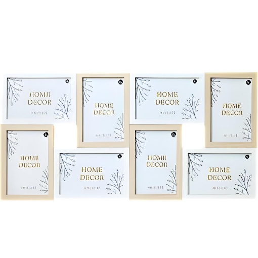 CORNICE MULTIPLA A PARETE IN LEGNO 8 FOTO - COLORE BIANCO E BEIGE DIMENSIONE TOTALE 50X2X28 CM SINGOLA 10X15 CM - 15X10 CM