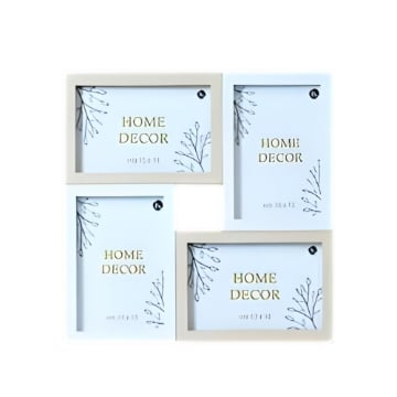 CORNICE MULTIPLA A PARETE IN LEGNO 4 FOTO - COLORE BIANCO E BEIGE DIMENSIONE TOTALE 28X2X28 CM SINGOLA 10X15 CM - 15X10 CM