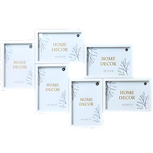 CORNICE MULTIPLA A PARETE IN LEGNO 6 FOTO - COLORE BIANCO DIMENSIONE TOTALE 50X3X32 CM SINGOLA 10X15 CM - 15X10 CM