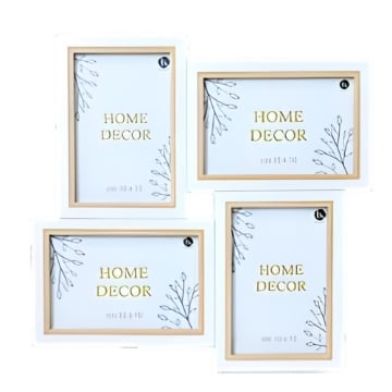 CORNICE MULTIPLA A PARETE IN LEGNO 4 FOTO - COLORE BIANCO E BEIGE DIMENSIONE TOTALE 32X3X32 CM SINGOLA 10X15 CM - 15X10 CM