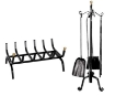 SET DI ATTREZZI PER CAMINO CON BRUCIALEGNA ,4 UTENSILI E STAND CON POMELLI ORO