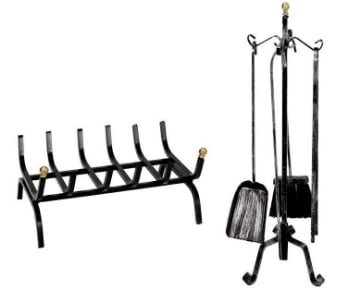 SET DI ATTREZZI PER CAMINO CON BRUCIALEGNA ,4 UTENSILI E STAND CON POMELLI ORO