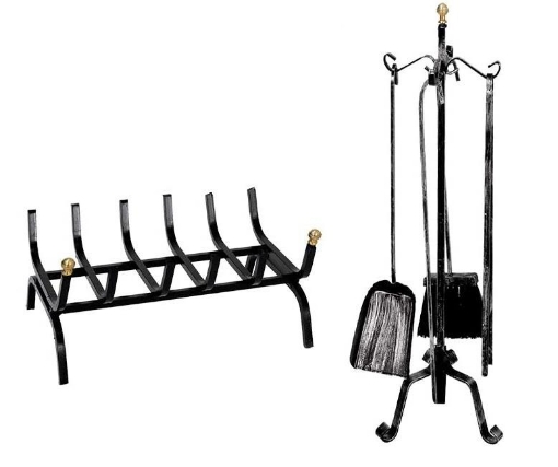 SET DI ATTREZZI PER CAMINO CON BRUCIALEGNA ,4 UTENSILI E STAND CON POMELLI ORO