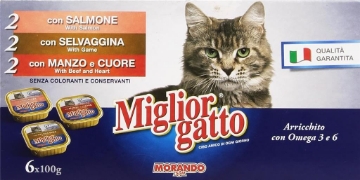 MIGLIOR GATTO MULTIPACK SALMONE, SELVAGGINA, MANZO E CUORE 6X100G - ASSORTITO