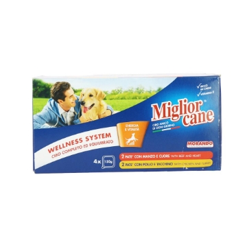 MIGLIOR CANE MULTIPACK 4X150 G CON 2 PATÈ MANZO E CUORE , 2 PATÈ POLLO E TACCHINO 