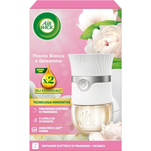 AIR WICK DIFFUSORE ELETTRICO + RICARICA CON OLI ESSENZIALI E FRAGRANZA PEONIA BIANCA E GELSOMINO 19ML