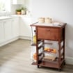 CARRELLO VESUVIO PORTAPANE+PORTABOTTIGLIE NOCE IN FAGGIO BASE INFERIORE MULTISTRATO DI BETULLA 1 CASSETTO 3 CESTELLI PIANO MATTONELLE IN CERAMICA OKX