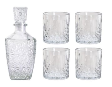 MA MAISON SET BOTTIGLIA IN VETRO DECORATO CON TAPPO DA WHISKY + 4 BICCHIERI IN VETRO SET DESIGN PER LIQUORI E AMARI 