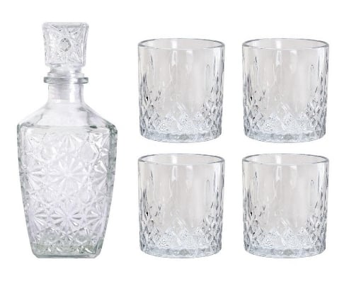 MA MAISON SET BOTTIGLIA IN VETRO DECORATO CON TAPPO DA WHISKY + 4 BICCHIERI IN VETRO SET DESIGN PER LIQUORI E AMARI 