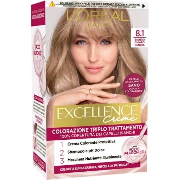 L'OREAL PARIS TINTA CAPELLI EXCELLENCE CREME CON ACIDO IALURONICO COPERTURA 100% DEI CAPELLI BIANCHI - BINDO CHIARO CENERE 8.1
