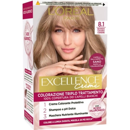 L'OREAL PARIS TINTA CAPELLI EXCELLENCE CREME CON ACIDO IALURONICO COPERTURA 100% DEI CAPELLI BIANCHI - BINDO CHIARO CENERE 8.1