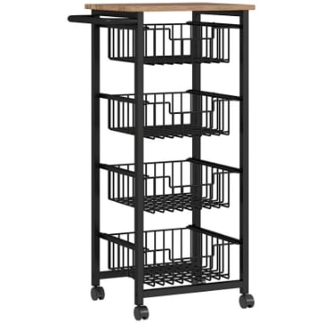 CARRELLO DA CUCINA CON 4 CESTINI ESTRAIBILI, RUOTE E FRENI, ACCIAIO E LEGNO, 49.5X31X91 CM, ROVERE