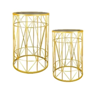 2 TAVOLINI TONDI METALLO COLOR ORO E TOP IN VETRO MISURE 38X55CM/ 33X50CM