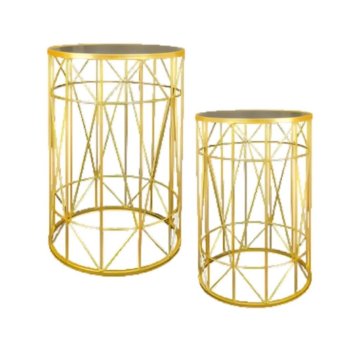 2 TAVOLINI TONDI METALLO COLOR ORO E TOP IN VETRO MISURE 38X55CM/ 33X50CM