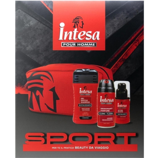 INTESA POUR HOMME CONFEZIONE REGALO DEODORANTE YLANG YLANG 150 ML, DOCCIASHAMPOO GINSENG 250 ML,  DOPOBARBA ANTIRUGHE 100 ML, BEAUTY DA VIAGGIO 4PZ