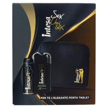 INTESA SEX UNISEX CONFEZIONE REGALO GEL DOCCIA SHAMPOO 250ML, PARFUM DEODORANT 125 ML DEEP NIGHT, ELEGANTE PORTA TABLET REGALO 