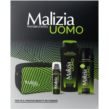 MALIZIA UOMO CONFEZIONE REGALO VETYVER GEL DOCCIA SHAMPOO 250ML, DEODORANTE 175ML, SCHIUMA DA BARBA 50ML, BEAUTY DA VIAGGIO 4PZ