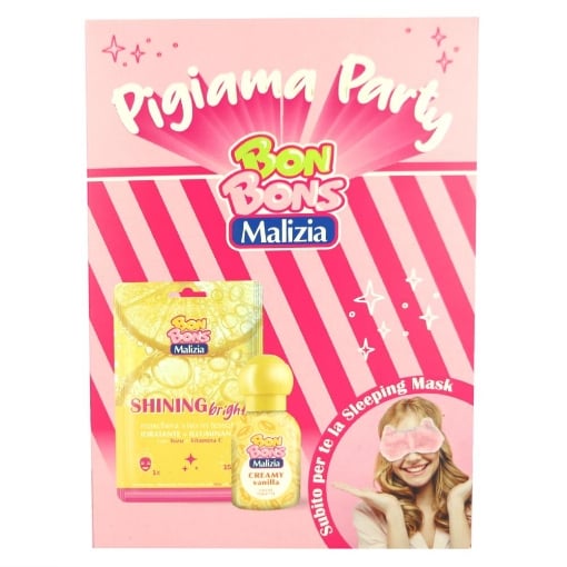 MALIZIA BONBONS CONFEZIONE REGALO  EAU DE TOILETTE CREAMY VANILLA 50ML, MASCHERA VISO SHINING BRIGHT 25ML + SLEEPING MASK PINK