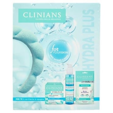 CLINIANS CONFEZIONE REGALO HYDRA PLUS GEL DETERGENTE RINFRESCANTE 150ML, CREMA IDRATANTE LEGGERA 50ML, PATCH OCCHI IDRATANTE ANTI-FATICA 3.6ML + CERCHIETTO IN SPUGNA - PELLI NORMALI O MISTE 