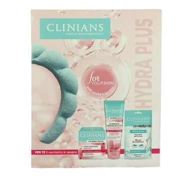 CLINIANS CONFEZIONE REGALO HYDRA PLUS GEL DETERGENTE CREMOSO DELICATO 150ML, CREMA IDRATANTE LENITIVA 50ML, PATCH OCCHI IDRATANTE ANTI-FATICA 3.6ML + CERCHIETTO IN SPUGNA - PELLI NORMALI O MISTE 