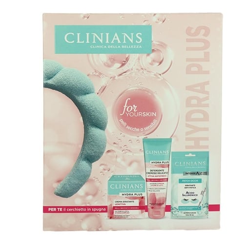 CLINIANS CONFEZIONE REGALO HYDRA PLUS GEL DETERGENTE CREMOSO DELICATO 150ML, CREMA IDRATANTE LENITIVA 50ML, PATCH OCCHI IDRATANTE ANTI-FATICA 3.6ML + CERCHIETTO IN SPUGNA - PELLI NORMALI O MISTE 