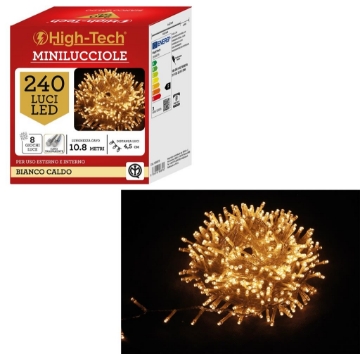 HIGH TECH 240 LED MINILUCCIOLE + 8 GIOCHI DI LUCE CAVO TRASPARENTE BIANCO CALDO 10.8MT - USO INTERNO/ESTERNO OKX