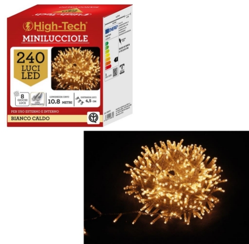 HIGH TECH 240 LED MINILUCCIOLE + 8 GIOCHI DI LUCE CAVO TRASPARENTE BIANCO CALDO 10.8MT - USO INTERNO/ESTERNO OKX