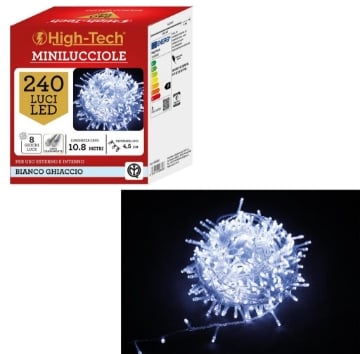 HIGH TECH 240 LED MINILUCCIOLE + 8 GIOCHI DI LUCE CAVO TRASPARENTE BIANCO GHIACCIO 10.8MT - USO INTERNO/ESTERNO OKX
