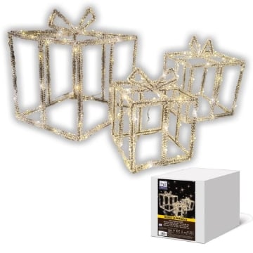 MA MAISON SET 3 PACCHI REGALO XMAS CON LUCI CALDO - 13X13X18 CM, 16X16X22 CM, 23X23X29 CM OKX