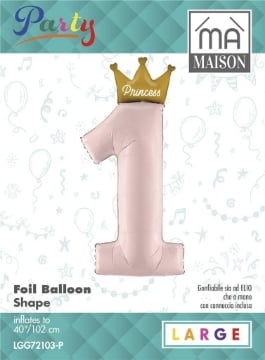 MA MAISON MYLAR "1" COMPLEANNO ROSA CON CORONA DORATA 102X40CM CANNUCCIA INCLUSA