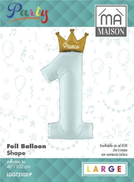 MA MAISON MYLAR "1" COMPLEANNO CELESTE CON CORONA DORATA 102X40CM CANNUCCIA INCLUSA