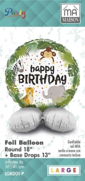 MA MAISON MYLAR PALLONCINO "JUNGLE BABY" SCRITTA "HAPPY BIRTHDAY" + BASE 41X16 CM CANNUCCIA INCLUSA