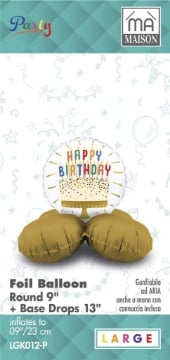 MA MAISON MYLAR PALLONCINO "WHITE GOLD" SCRITTA "HAPPY BIRTHDAY" + BASE 23X9 CM CANNUCCIA INCLUSA
