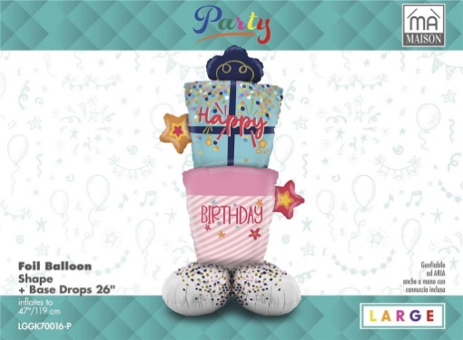 MA MAISON MYLAR PALLONCINO "REGALO HAPPY BIRTHDAY" + BASE 119X47 CM CANNUCCIA INCLUSA