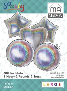 MA MAISON PALLONCINI HOLOGRAFICI GLITTERATI 1 CUORE, 2 STELLE, 2 ROTONDI 5 PZ 46X18 CM