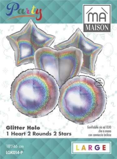 MA MAISON PALLONCINI HOLOGRAFICI GLITTERATI 1 CUORE, 2 STELLE, 2 ROTONDI 5 PZ 46X18 CM