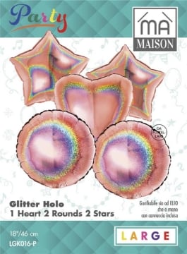 MA MAISON PALLONCINI HOLOGRAFICI ROSA ORO 1 CUORE, 2 STELLE, 2 ROTONDI 5 PZ 46X18 CM