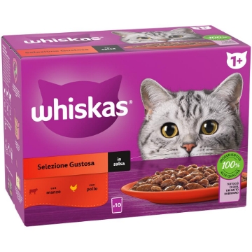 WHISKAS  CIBO PER GATTI SELEZIONE GUSTOSA IN SALSA CON POLLO E MANZO - 10 BUSTE 85GR 