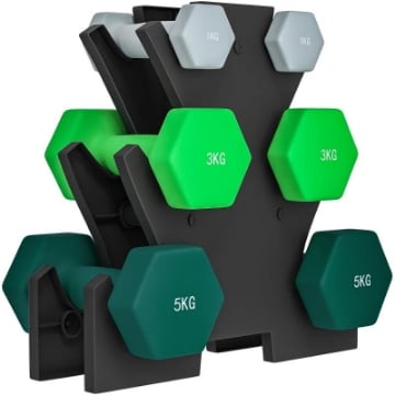 KIT PESI ESAGONALI DA 18 KG TOTALI CON SUPPORTO INCLUSO, IN ACCIAIO, METALLO E PLASTICA, MULTICOLORE
