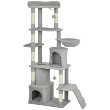 ALBERO TIRAGRAFFI PER GATTI CON 2 CASETTE, AMACA, TUNNEL, E LETTINO, PALI IN SISAL, 60X40X170 CM, GRIGIO